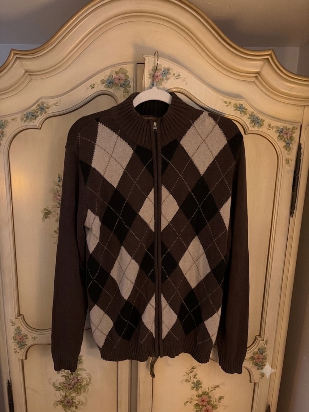 Men's Brown Argyle Zip-Up Sweater Jacket